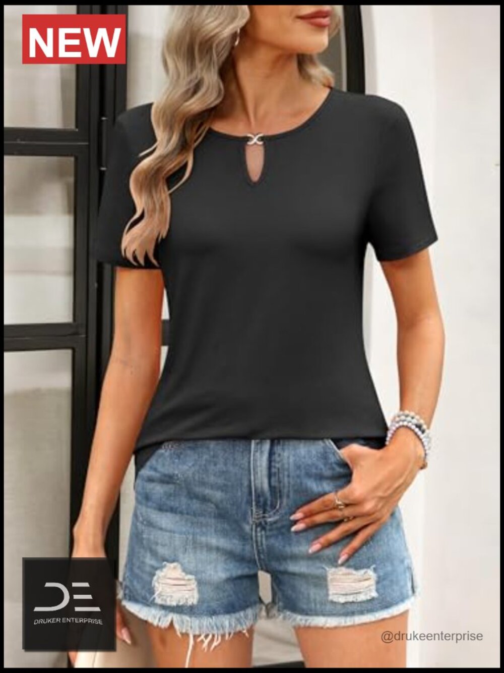 Keyhole Neck Short Sleeve T-Shirt with Regular Fit - Picture 2 of 7